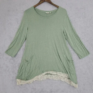 Logo Lori Goldstein Womens Green Tunic Top Lace Hem Medium Rayon/Spandex  7CT